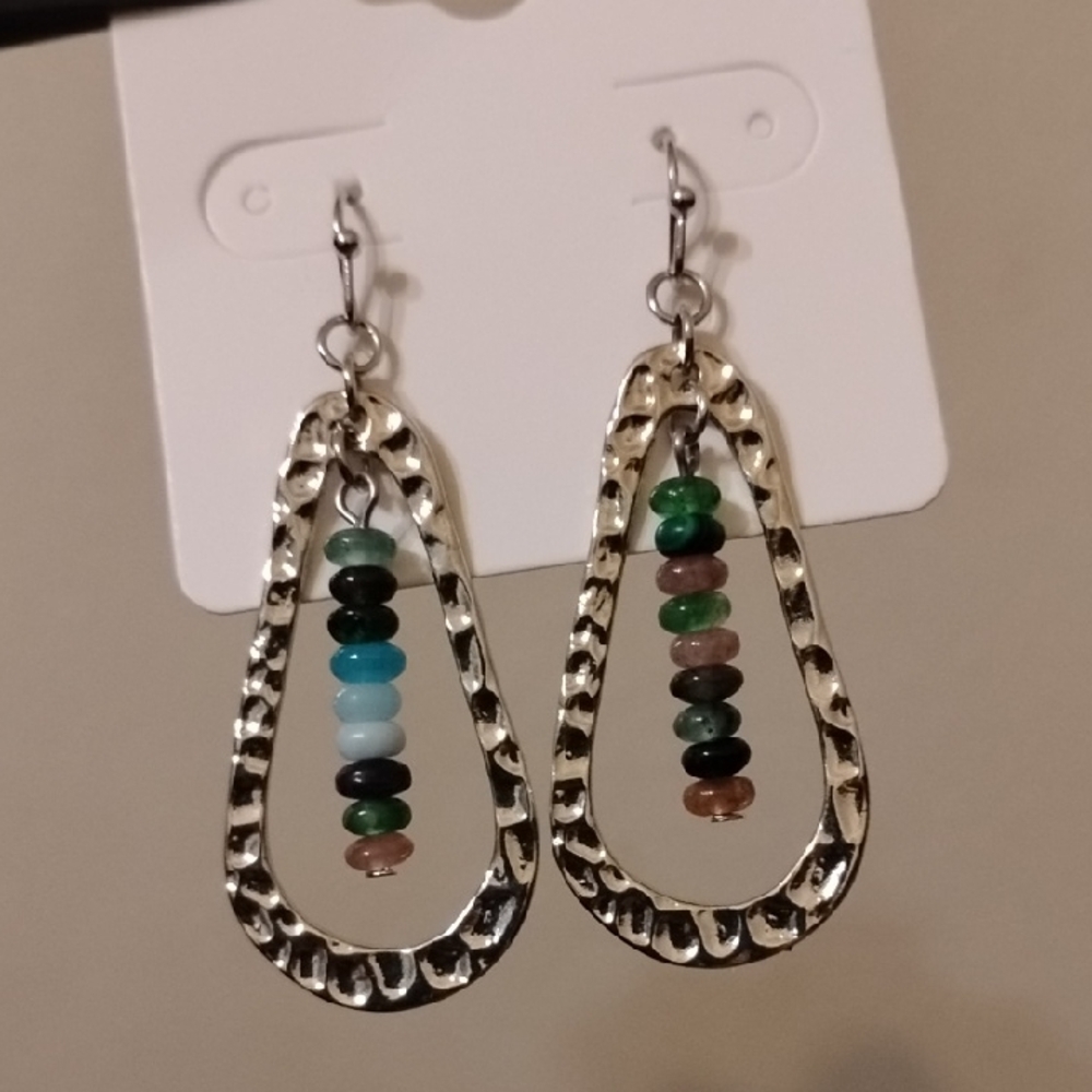 Boho Silver Hammered Beaded Earrings